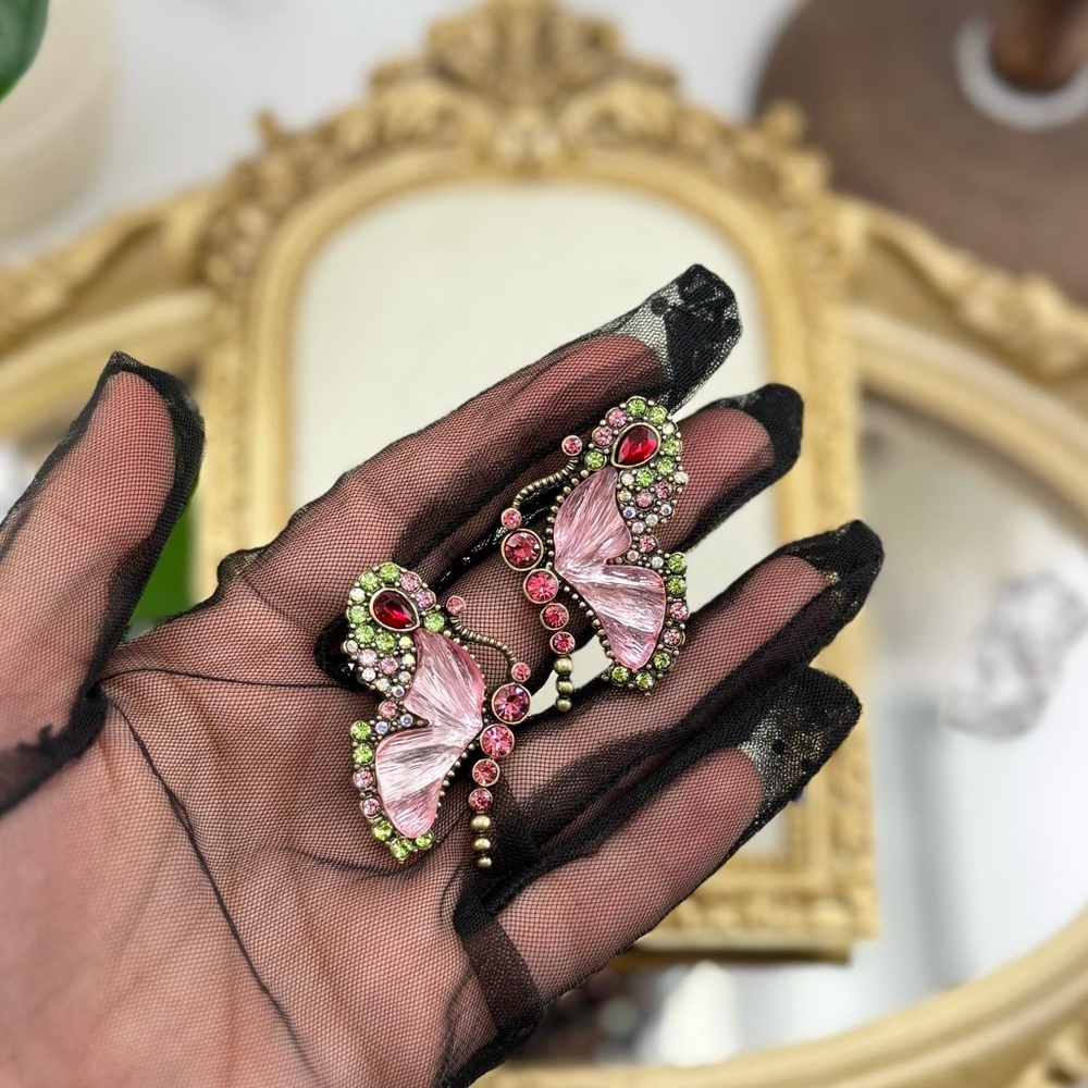 Vintage Butterfly Statement Earrings - Pink, Green & Red Crystal Accents - Picture 3 of 8